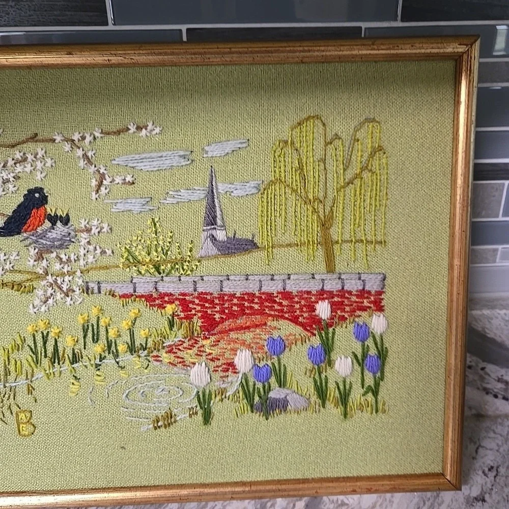 Vintage Completed 17 inch x 13.5 inch Country Scene Cross‎ Stitch W Church